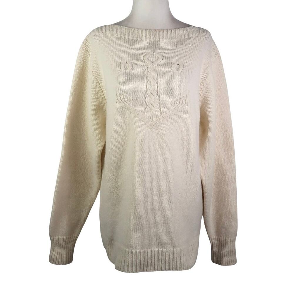 Fisherman Out of Ireland Cream Wool Anchor Sweater Womens XL